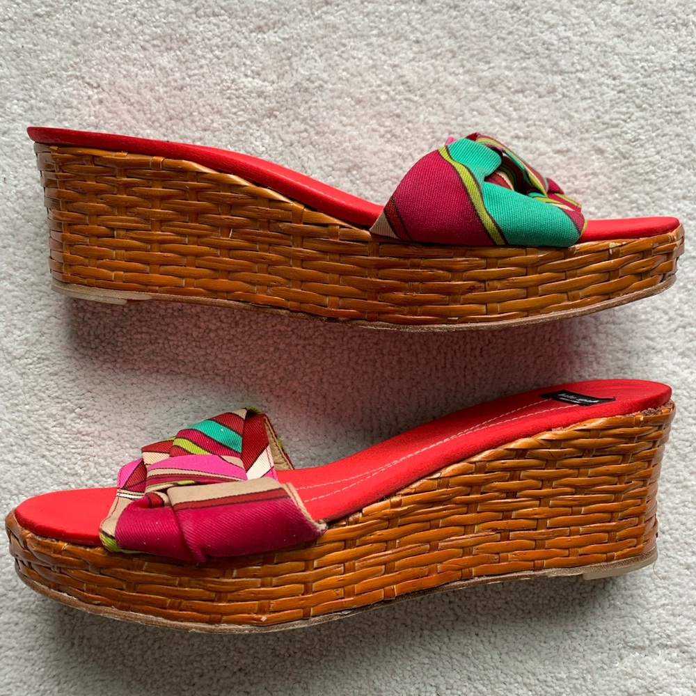 Kate Spade tie silk and rattan wedges